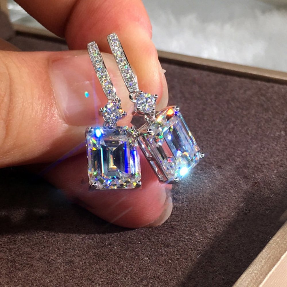 *NEW Silver Radiant Cut Diamond Drop Earrings